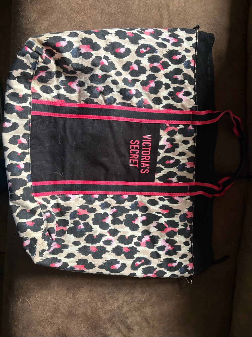 Victoria's Secret Beige and Black Leopard Tote with Pink Accents